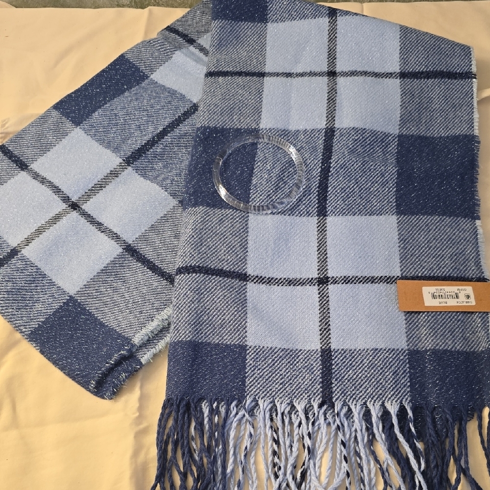 Steve Madden Blue Plaid Scarf/Wrap With Fringe 72 X 20in NWT